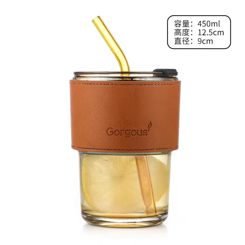 13Oz Tumbler Water Glass Coffee Mugs with Straw and Lid, Iced Tea Cup Double Wall Insulated Glass Cup with Protect Sleeve