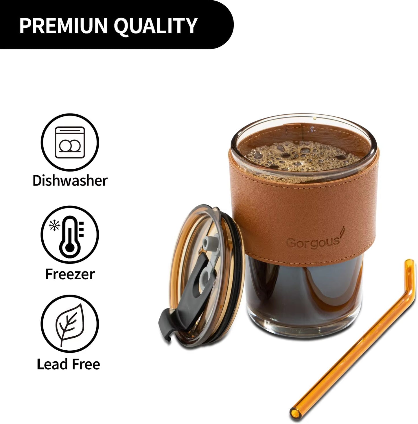 13Oz Tumbler Water Glass Coffee Mugs with Straw and Lid, Iced Tea Cup Double Wall Insulated Glass Cup with Protect Sleeve