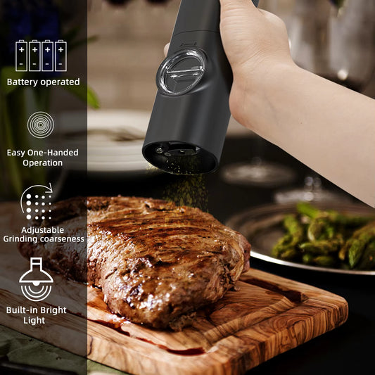 Electric Automatic Mill Pepper and Salt Grinder with Base Set Battery Powered with LED Light Adjustable Coarseness Kitchen Tool