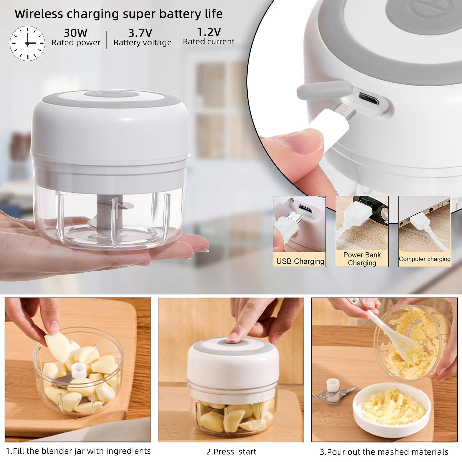 Electric Kitchen Food Chopper Mini Garlic Masher Crusher USB Portable Meat Grinder Vegetable Chopper for Kitchen Gadgets